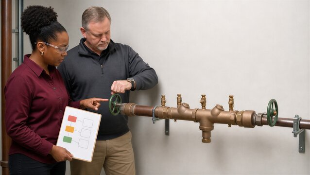 Facilities staff coordinate a temporary water shutdown at a backflow prevention assembly. Annual inspection, compliance, facility maintenance, engineering safety, and water system management concept.