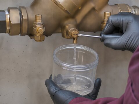 Close-up of technician flushing a backflow preventer test cock into a clear cup before gauge hookup. Plumbing inspection, contamination control, maintenance, water safety, and testing procedure.