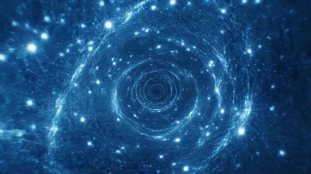 Blue luminous particle vortex spirals inward toward a dark central tunnel, with glowing points and swirling textured rings creating deep abstract motion across a cool cosmic-like background