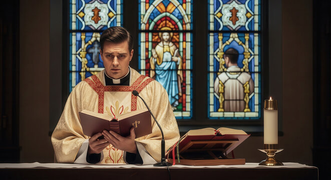 A focused young Catholic priest in ornate gold vestments reads from a holy book at the altar of a traditional church, illuminated by a single candle with beautiful stained glass windows in.