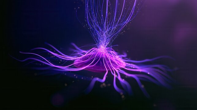Colorful jellyfish swimming in deep water at night with glowing tentacles and a dark background