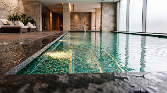 Luxurious indoor spa pool at modern hotel resort with mosaic tiles and relaxing lounge area