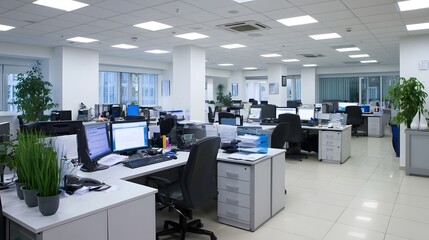 Naklejka premium Modern office space with multiple workstations computers chairs and potted plants under bright ceiling lights
