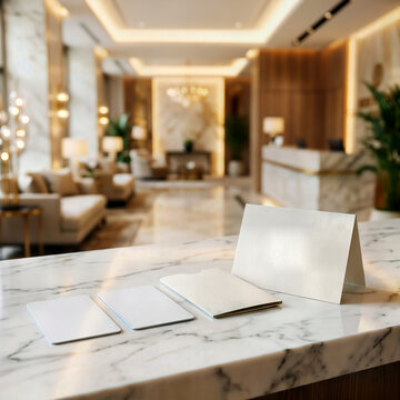 Blank paper cards and tent card mockups on marble counter in hotel lobby