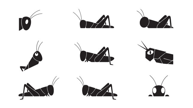 Minimalist grasshopper icon set, black cricket insect silhouettes, 9 vector bug symbols for nature branding and education isolated on Transparent Background