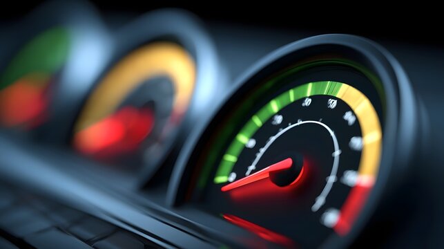Close up of a car s illuminated speedometer and gauge cluster with vibrant color coded indicators