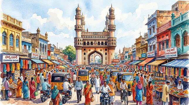 Colorful historic South Asian gateway surrounded by a busy traditional market street with vibrant architecture travel culture and urban life