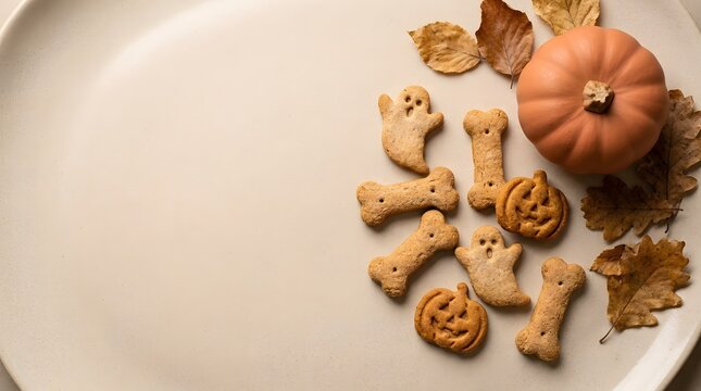 Halloween cookies in shape of ghost pumpkin and bone on white plate with autumn leaves cookie shapes halloween treat baked goods fall baking flat lay still life halloween celebration homemade