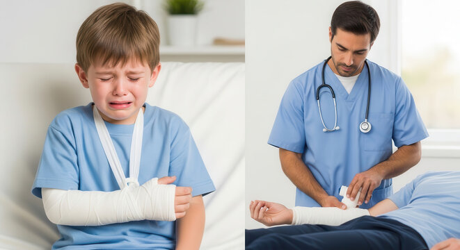 A composite image showing a young crying boy with a broken arm in a white cast and sling, alongside a professional male doctor in blue scrubs carefully bandaging a patients injured forearm in clinic.