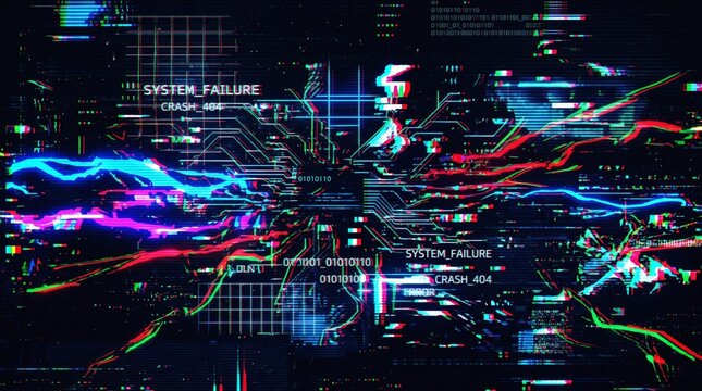 Digital Glitch Effect on Circuit Board with System Failure and Error Messages