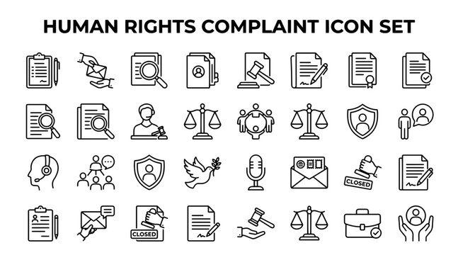 Human rights complaint icon set. Legal justice and grievance reporting vector symbols.