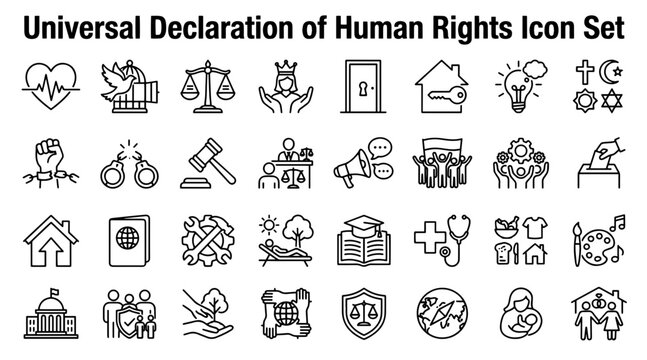 Universal Declaration of Human Rights icon set. Vector symbols for social justice and law.