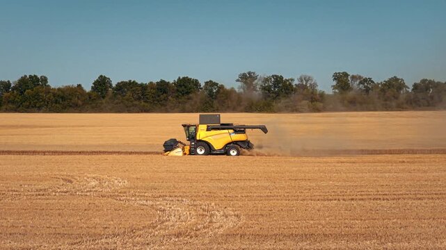 Combine harvester crosses dry field during active grain harvest