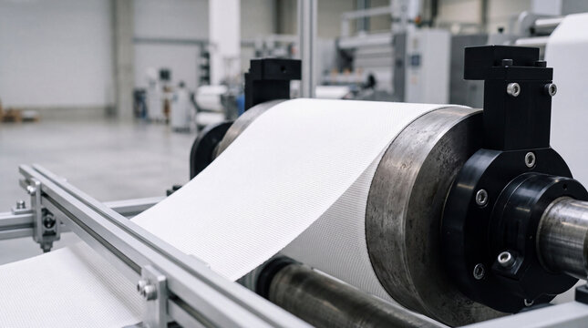 Industrial paper roll production on automated machine in modern factory manufacturing facility