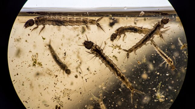 Mosquito larvae swimming in stagnant water under microscope