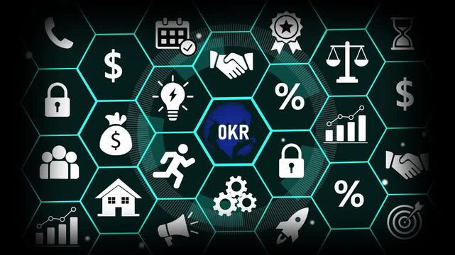 Dynamic okr objectives and key results business strategy concept with animated hexagonal infographic representing corporate growth, financial success, goal setting, and management systems