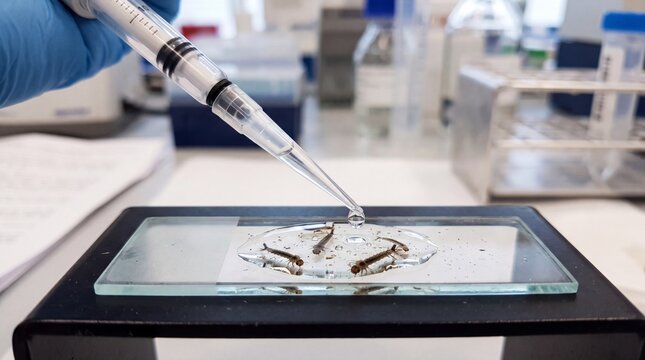 Scientist drops liquid onto mosquito larvae on microscope slide