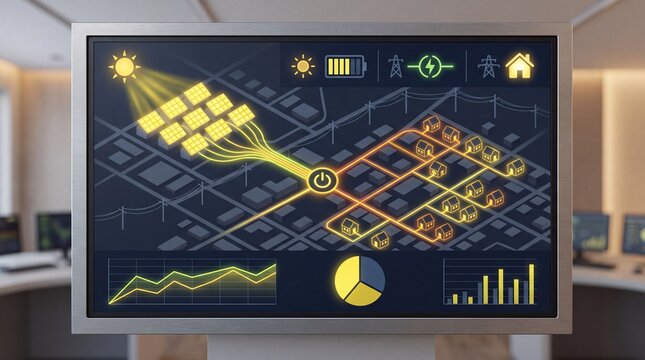Solar energy dashboard monitoring smart grid power distribution