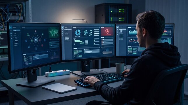 Cybersecurity expert monitoring data on multiple computer screens