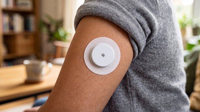 Close up of person wearing a glucose monitor sensor on arm