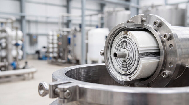 Industrial membrane filter cartridge in water treatment plant processing stainless steel equipment and piping