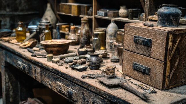 Vintage Apothecary Workspace with Antique Bottles and Drawers
