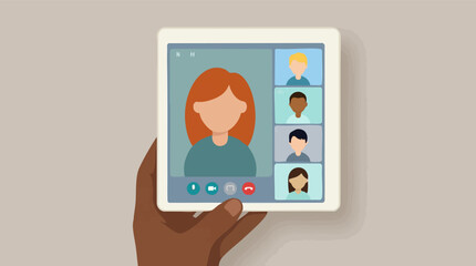 Hand holding tablet displaying group video conference call © Tahphoto