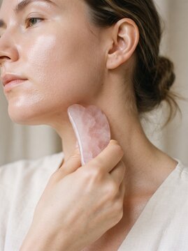 Woman Using Rose Quartz Gua Sha Stone on Face, Skincare Routine Photography