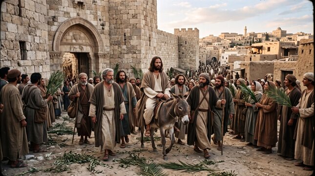 Jesus rides a donkey into Jerusalem with followers holding palm branches a historical reenactment scene