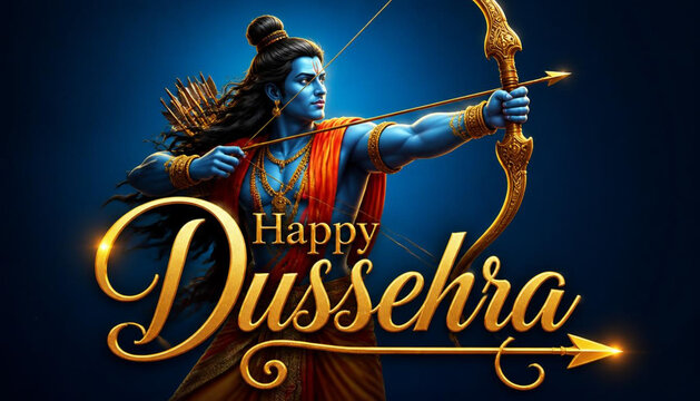 Happy Dussehra festival greeting banner with illustration of Lord Rama aiming golden bow.