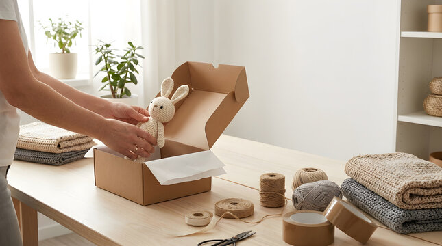 Small business owner packaging handmade knitted bunny toy for secure e-commerce shipping.