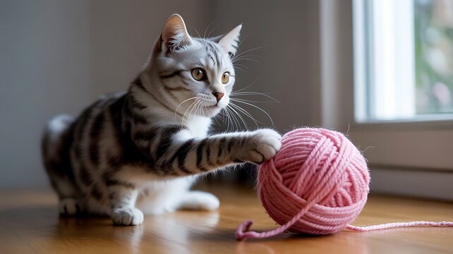 Silver tabby cat playfully batting a vibrant pink ball of yarn on a wooden floor