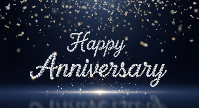 Happy Anniversary Text. Elegant Sparkling Lettering. Gold Glitter on Deep Blue Background. Celebration Greeting Card Design with Bokeh. Festive Typography for Special Occasions.