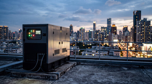 Rooftop backup generator with city skyline at dusk providing urban power and emergency energy