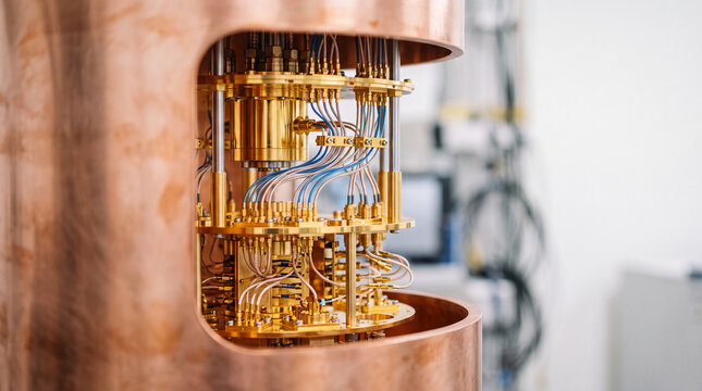 Quantum computer dilution refrigerator with gold wiring and cryogenic quantum processor hardware in research laboratory