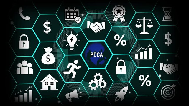 Dynamic pdca cycle infographic animation featuring business management strategic planning hexagons, corporate growth symbols, and workflow optimization for modern presentations