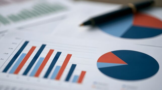 Close up of financial charts and graphs on paper with a pen resting nearby  showing data visualization for business analysis