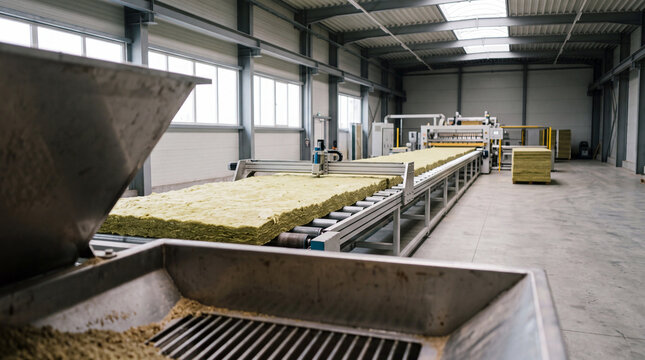 Industrial insulation manufacturing plant with mineral wool panels on automated conveyor production line