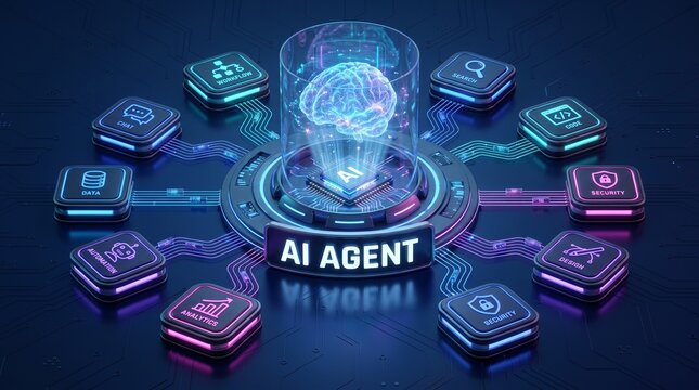 Glowing artificial intelligence agent brain processor with digital workflow nodes