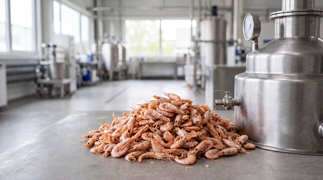 Fresh cooked shrimp pile next to stainless steel processing equipment in modern seafood factory