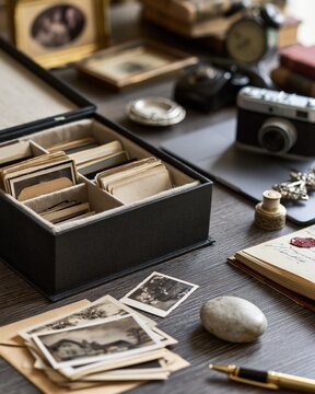 Memory box with old photographs and vintage estate keepsakes on wooden table