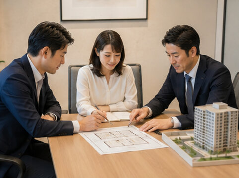 リフォーム,住宅リフォーム,リノベーション,日本人夫婦,夫婦,施工担当者,施工管理,現場監督,工務店,建築会社,リフォーム会社,住宅,戸建て,マンション,工事中,工事現場,内装工事,改装,施工,建築,職人,大工,住宅設備,内装,壁紙,フローリング,キッチン,浴室,間取り変更,図面,設計図,工事説明,施工説明,打ち合わせ,現場確認,進捗確認,見積もり,費用,予算,ヘルメット,作業着,日本人男性,日本