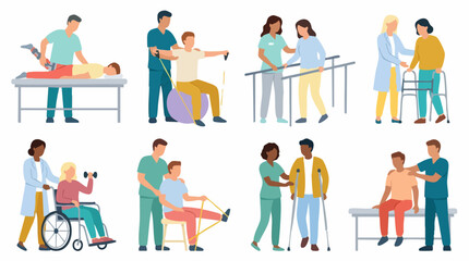 Fototapeta premium Physical Therapy and Rehabilitation Set with Patients and Therapists
