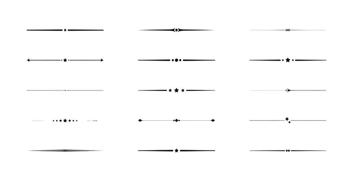 Set of minimalist vector divider lines with stars, diamonds, dots and arrows, decorative text separator elements for headers, black line ornaments and borders on white background, graphic design sets