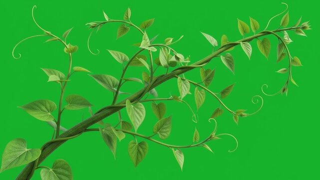 A vibrant green creeping vine climbing dynamically across a vivid chroma screen backdrop displaying lush foliage and curling tendrils with natural garden vitality for environmental design