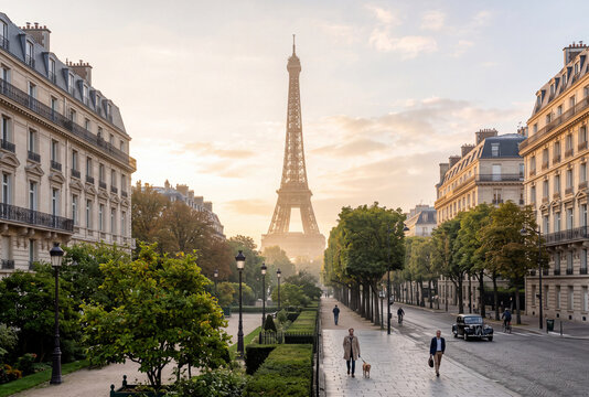 Photorealistic view of the Eiffel Tower in Paris at golden hour, framed by elegant Haussmann buildings, landscaped gardens and a quiet tree-lined avenue.