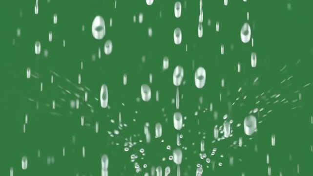 Heavy rainfall pouring down rapidly across the green landscape while countless water droplets hit the ground creating dramatic splashes and humid atmosphere during heavy storm conditions today