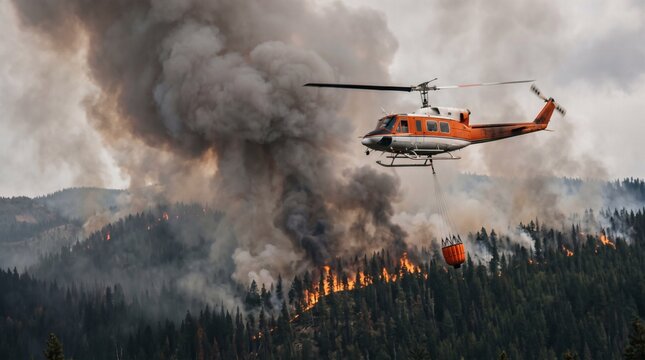 Helicopter fighting wildfire dropping water on burning forest with heavy smoke and flames