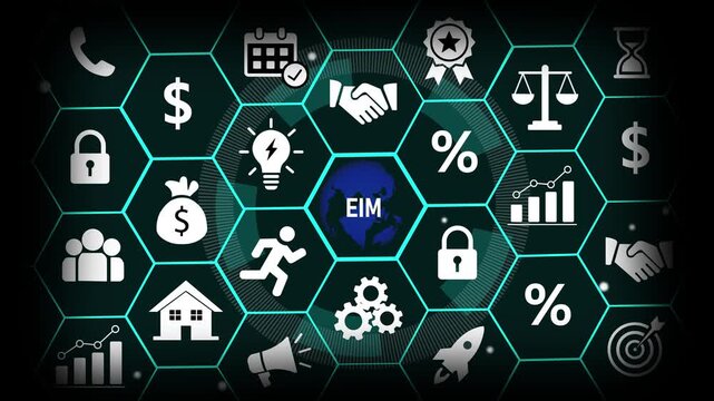 Enterprise information management eim concept with digital hexagonal network interface featuring business financial growth symbols, global connectivity, and data security analytics for corporate