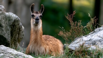 Fototapeta premium A llama rests among rocks and greenery with alert ears and soft fur captured in natural daylight with a blurred forest background